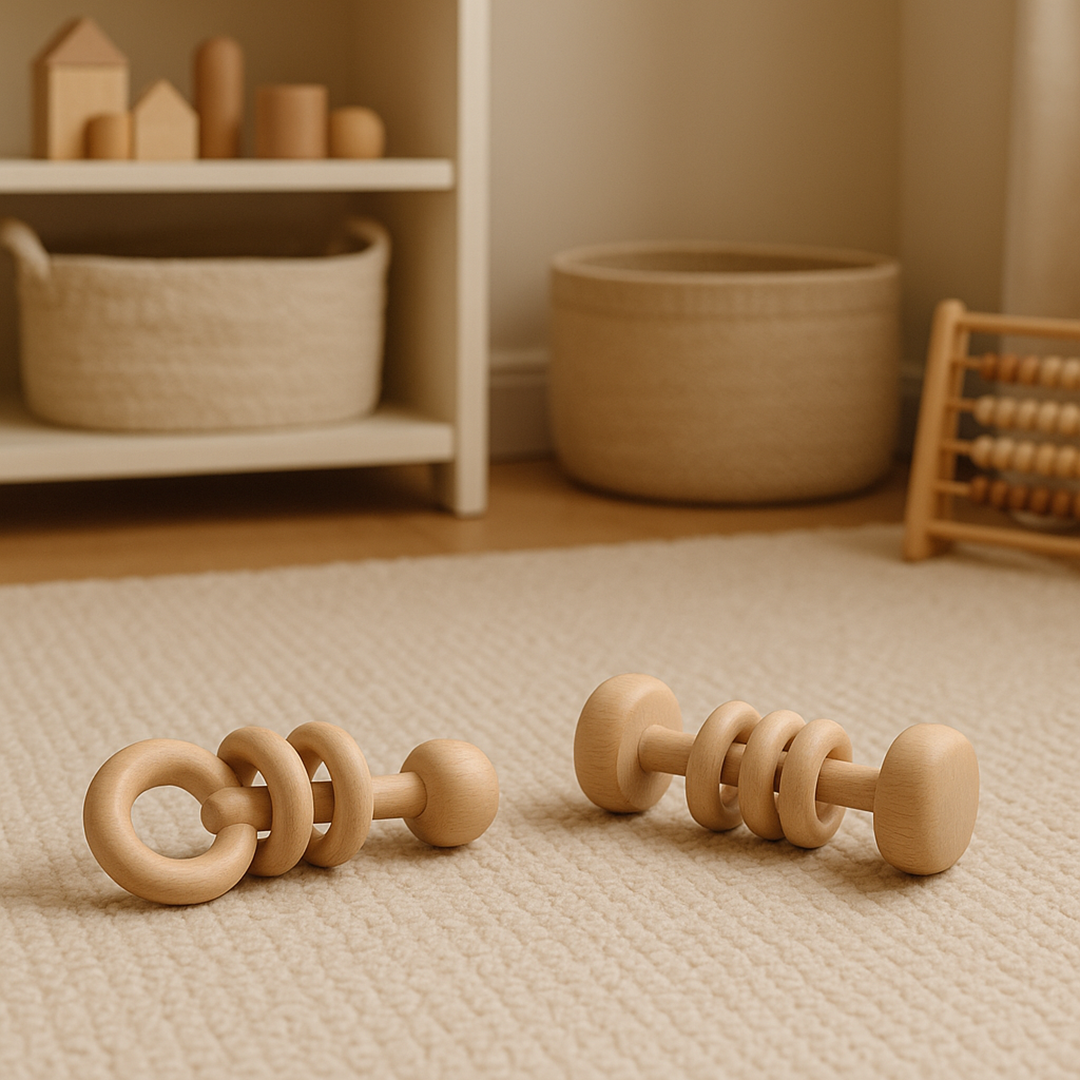 Set mit 2 Holzrasseln für Kinder