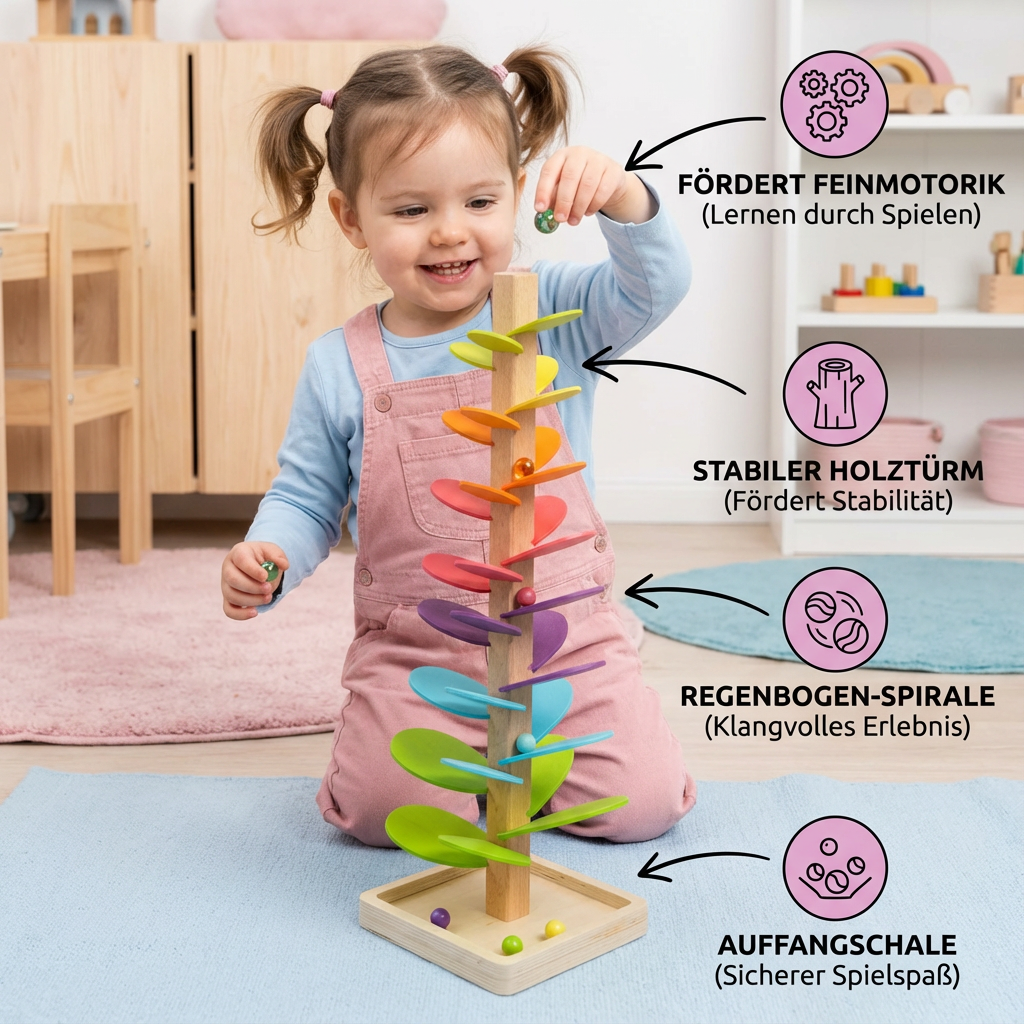 Colorful Rainbow Marble Tower | Educational Wooden Toy with Soothing Soundscape | Fun Motor Skills Development for Kids 2