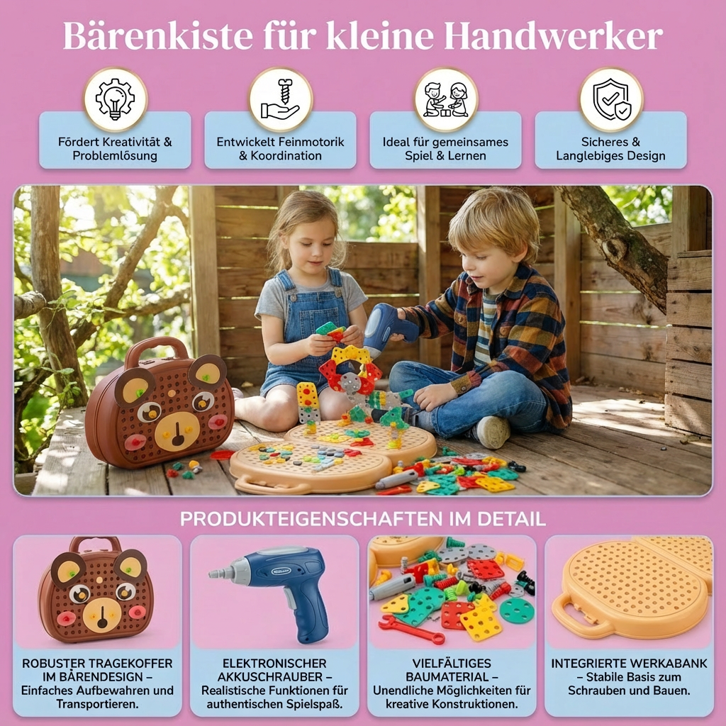 Creative Bear Box | Crafting Kit for Kids with Battery-Operated Screwdriver | Portable Storage for Imaginative Play 1