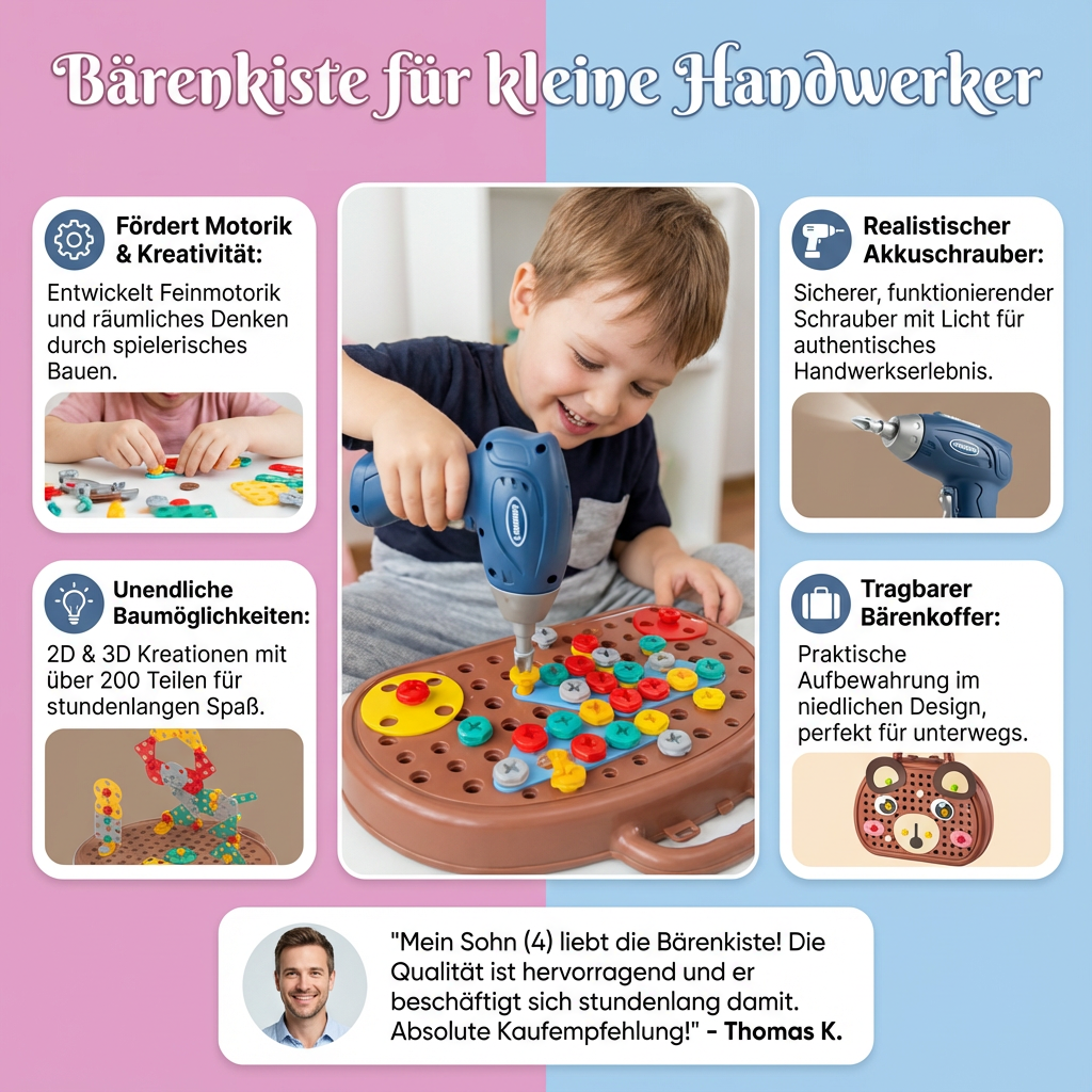 Creative Bear Box | Crafting Kit for Kids with Battery-Operated Screwdriver | Portable Storage for Imaginative Play 2