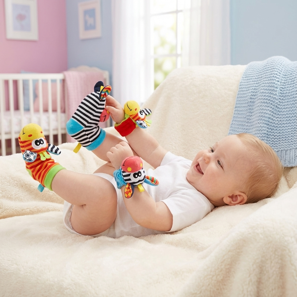 Sensory Plush | Baby Socks & Bracelet Set with Rattles | Colorful Design for Cognitive Development 1