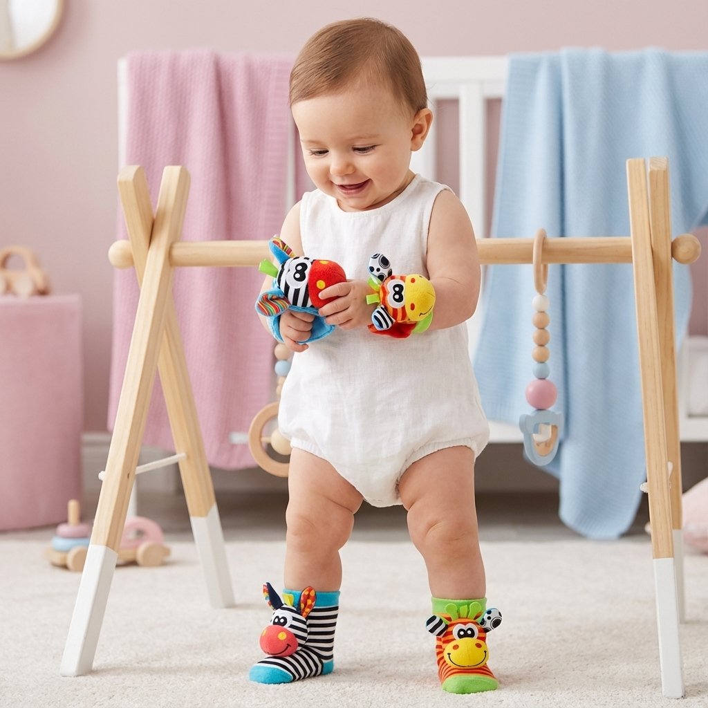 Sensory Plush | Baby Socks & Bracelet Set with Rattles | Colorful Design for Cognitive Development 2