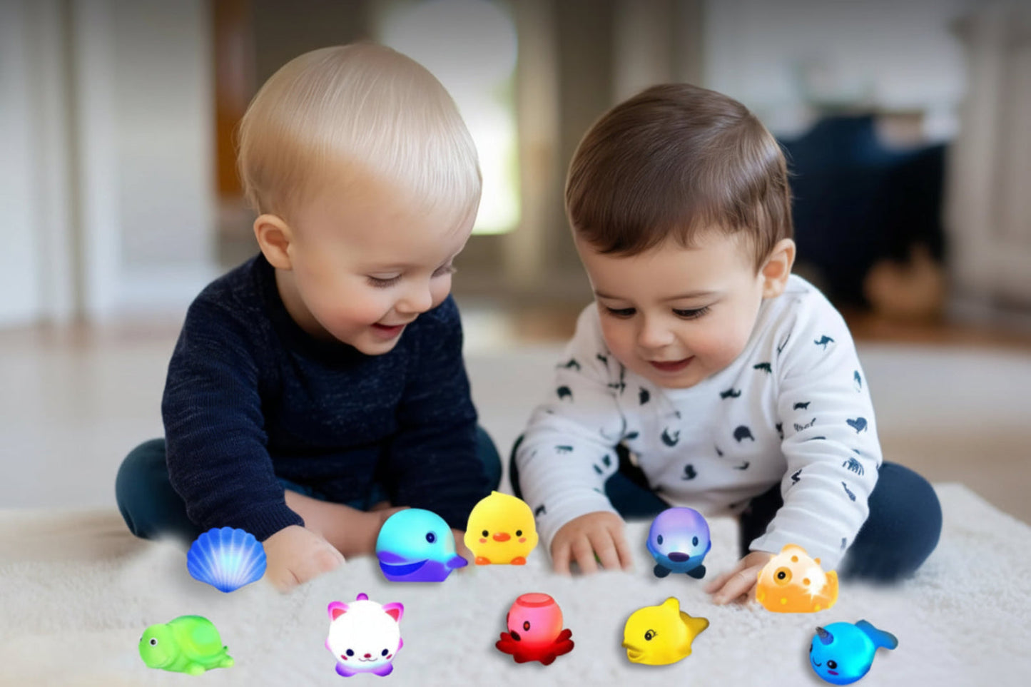 Leuchtende Badspielzeugkollektion: Funkelnde schwimmende Meeresbewohner
